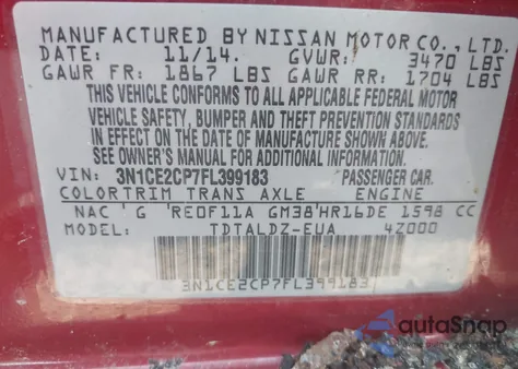 2015 Nissan Versa Note Sv z USA, uszkodzony, nr VIN 3N1CE2CP7FL399183